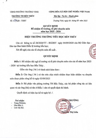 Quyết định bổ nhiệm tổ trưởng, tổ phó chuyên môn. NH 2025-2026