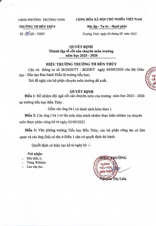 Quyết định thành lập tổ cốt cán chuyên môn. Năm học: 2025-2026