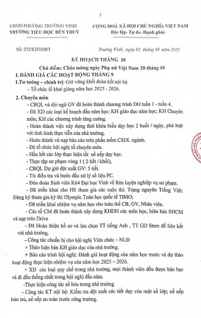 Kế hoạch tháng 10. Năm học: 2025-2026
