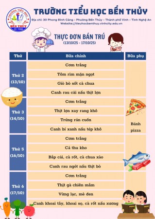 Nhà trường xin gửi quý phụ huynh thực đơn tuần 6 (từ ngày 13/10 đến ngày 17/10) năm 2025