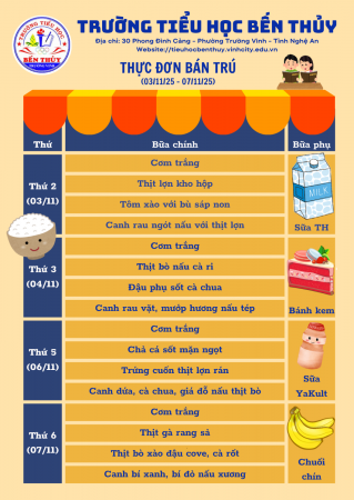 Thực đơn bán trú tuần 9