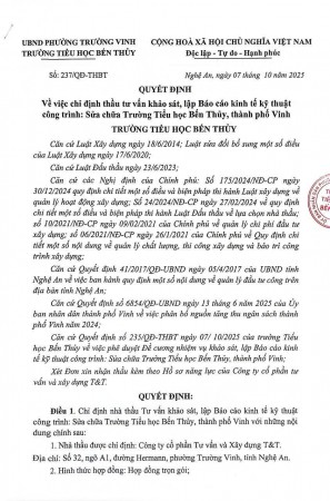 QĐ về việc chỉ định thầu tư vấn khảo sát, lập báo cáo kinh tế kỹ thuật công trình: Sửa chữa trường tiểu học Bến Thủy