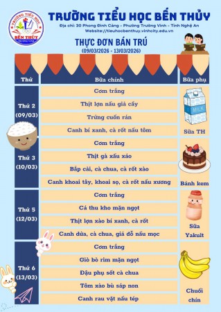 THỰC ĐƠN BÁN TRÚ TUẦN 26