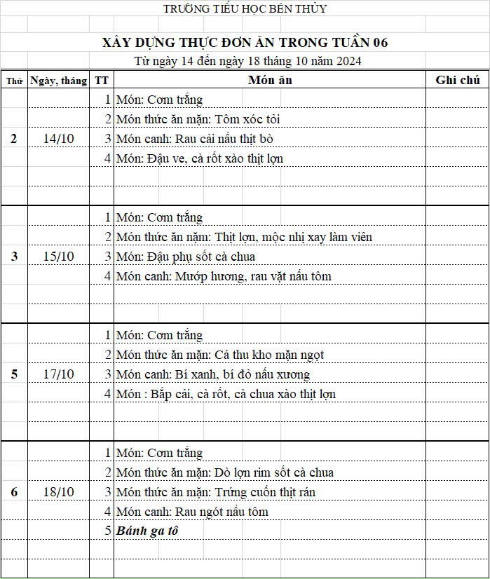 Thực đơn bán trú tuần 6