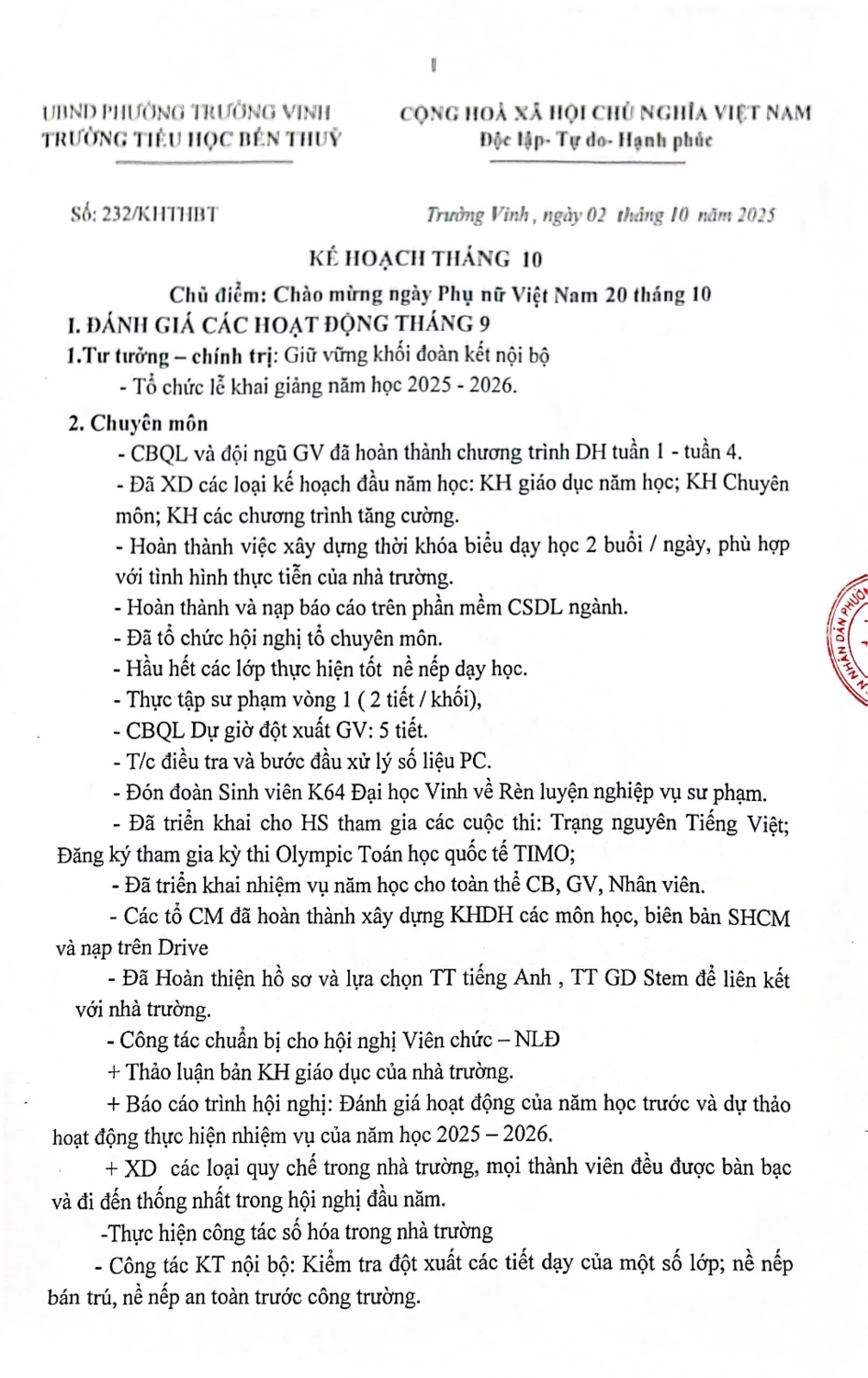 Kế hoạch tháng 10. Năm học: 2025-2026