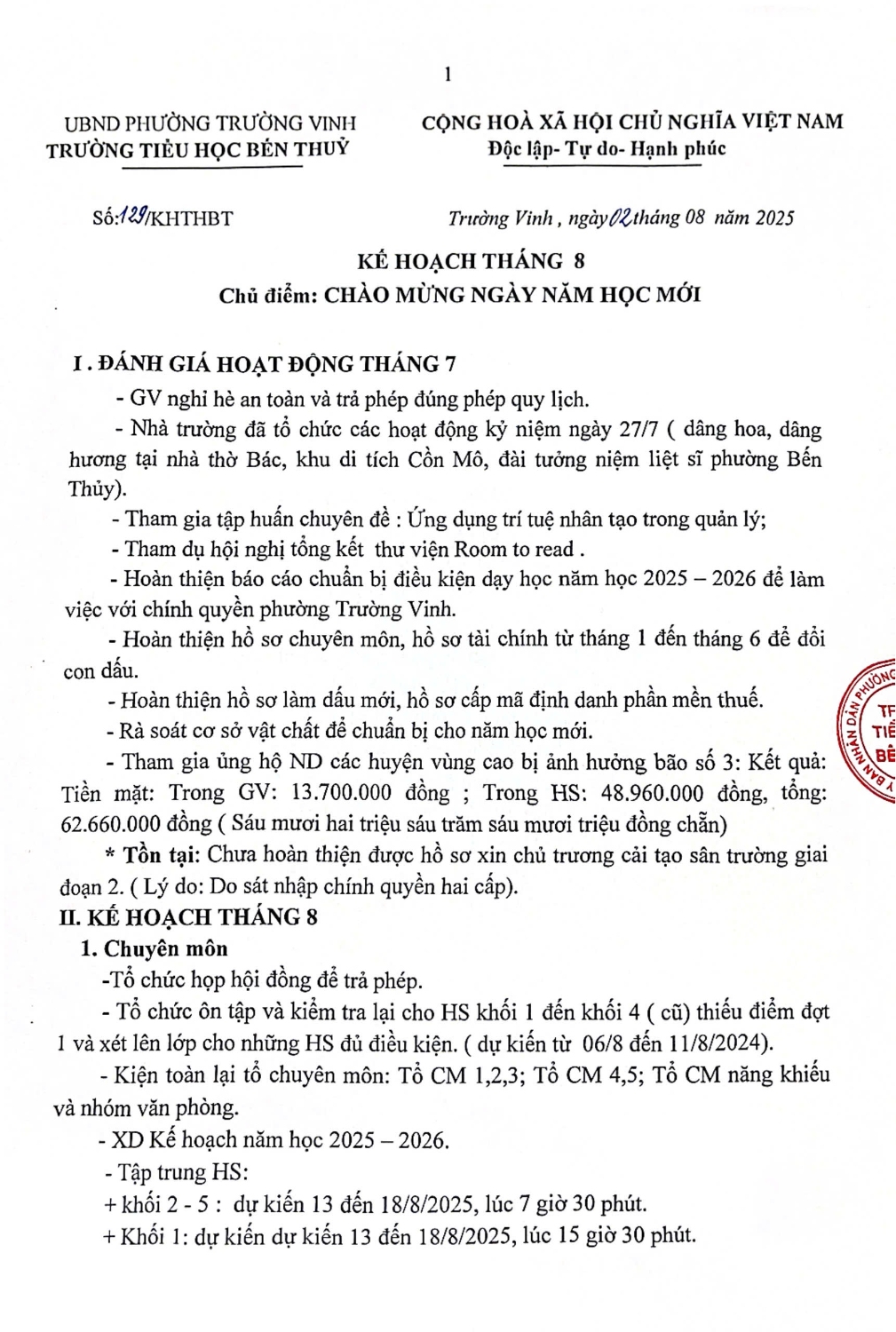 Kế hoạch tháng 8. Năm học: 2025-2026