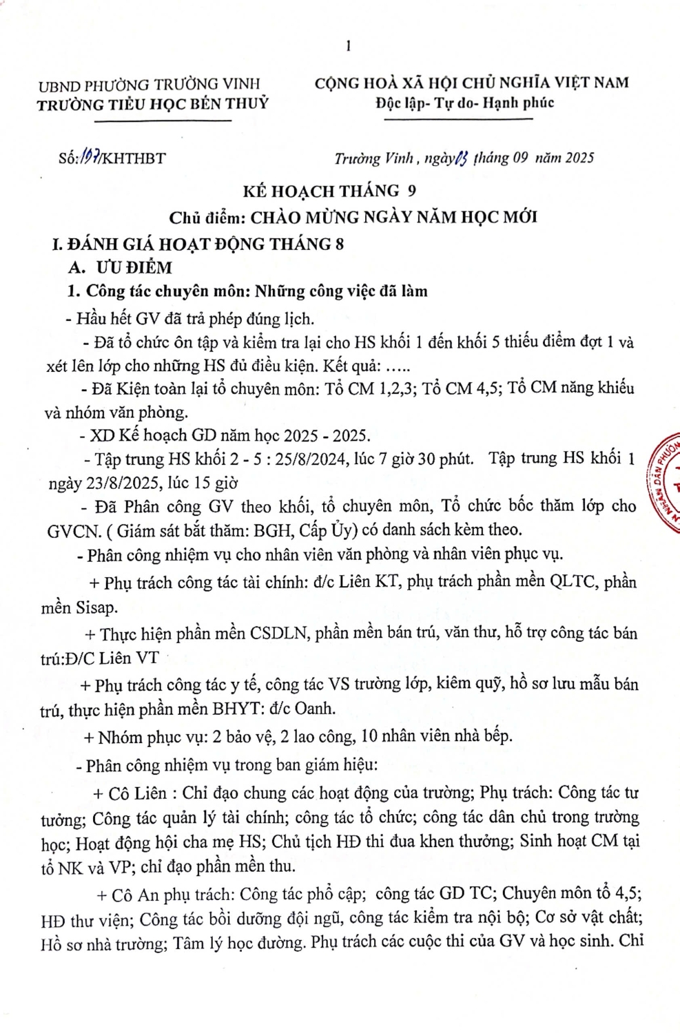 Kế hoạch tháng 9. Năm học: 2025-2026