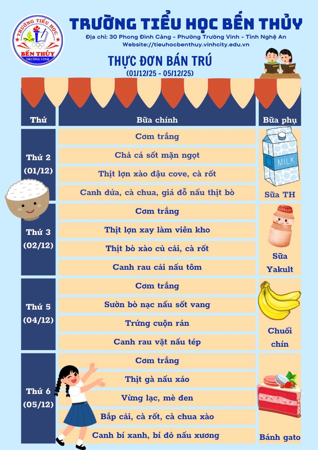 Thực đơn bán trú từ tuần 13 ( Từ ngày 01/12/2025 đến ngày 05/12/2025)