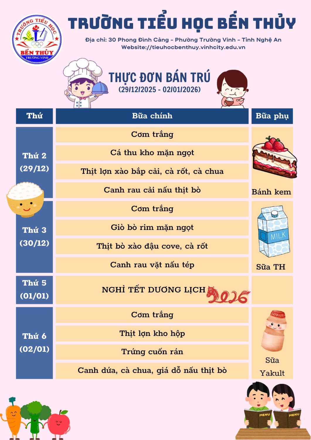 THỰC ĐƠN  BÁN TRÚ TUẦN 17