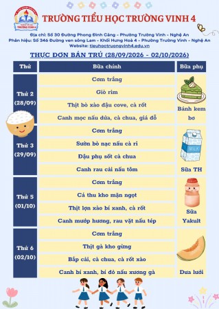 THỰC ĐƠN BÁN TRÚ TUẦN 4 NĂM HỌC 2026-2027